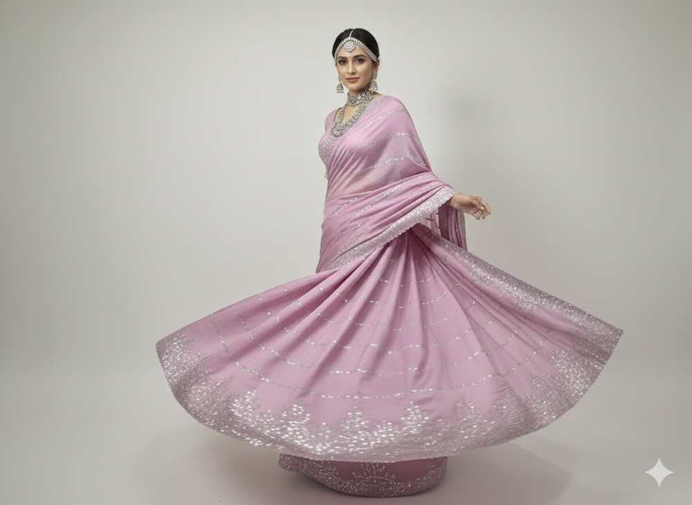 Premium Blush Pink Sequins Work Saree