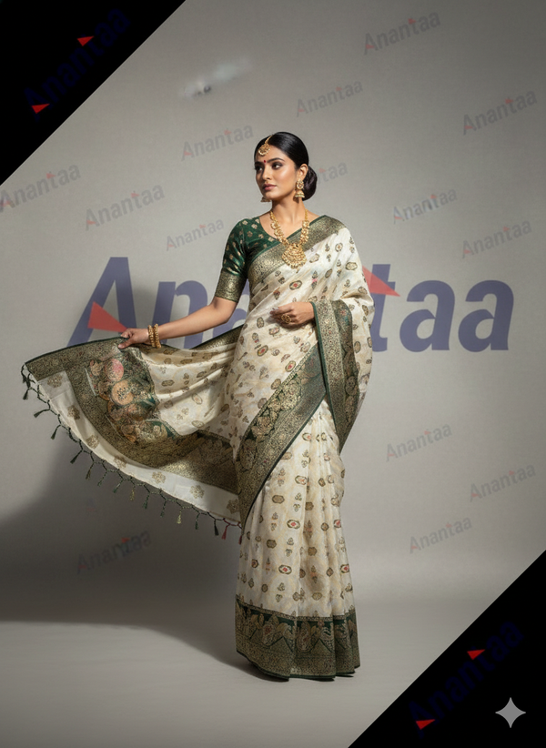 Premium Ivory Banarasi Saree with Green Border