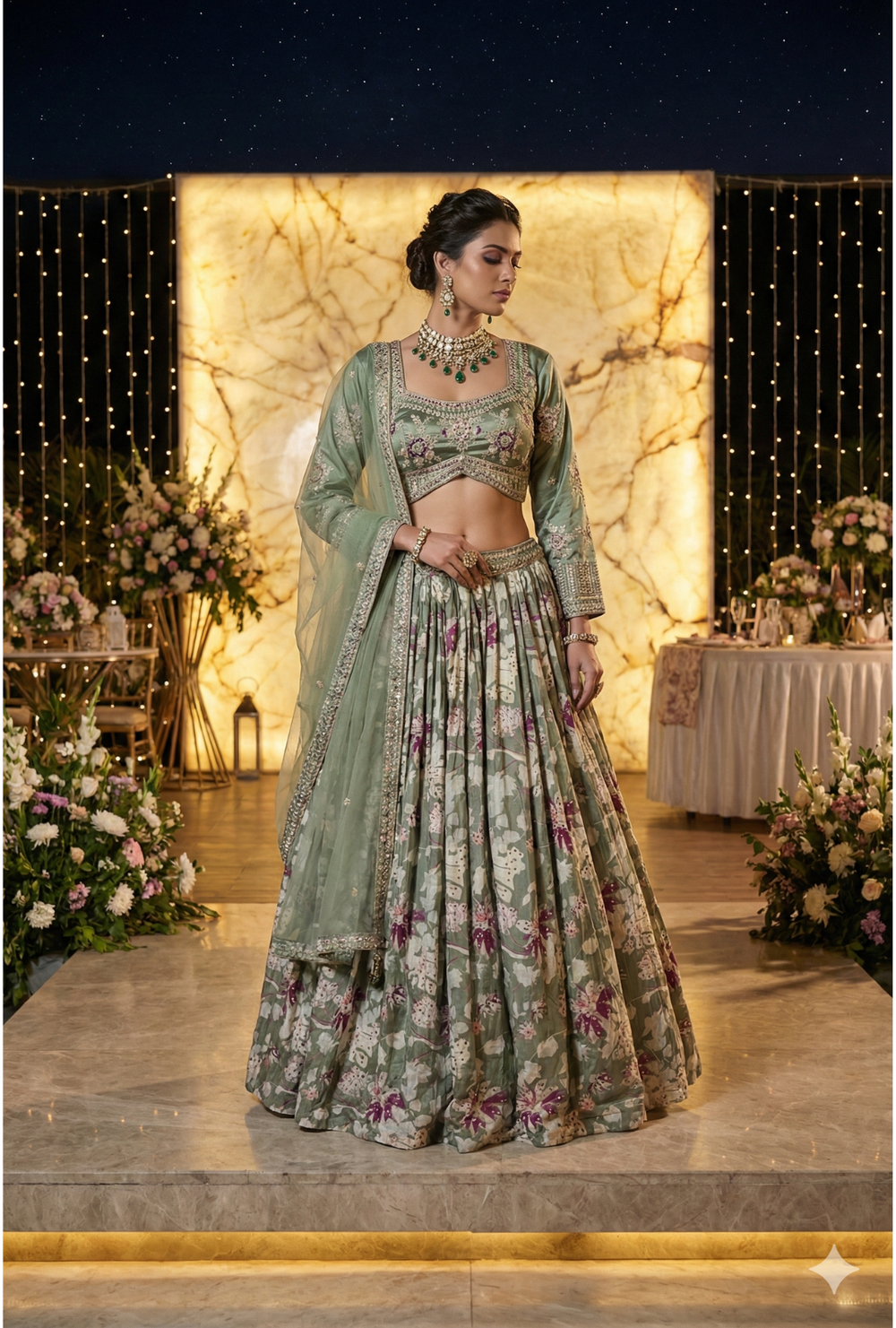 Pastel Sage Green Floral Lehenga Choli with Zari Embroidery & Sheer Net Dupatta