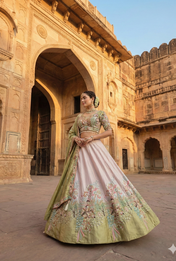 Sage Green Blush Embroidered Bridal Lehenga Choli