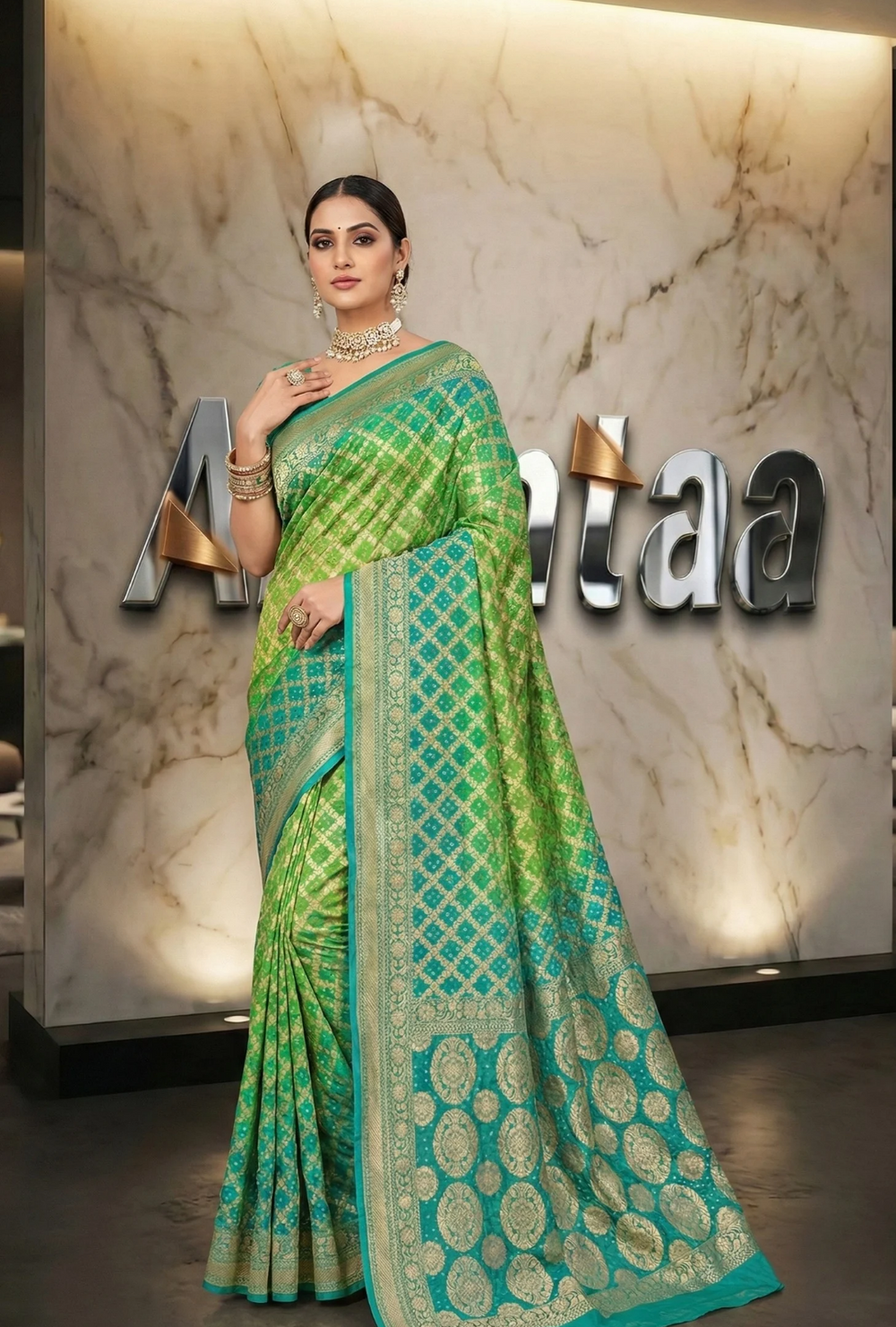 Banarasi  Kaddi Georgette jangalo bandhej Saree