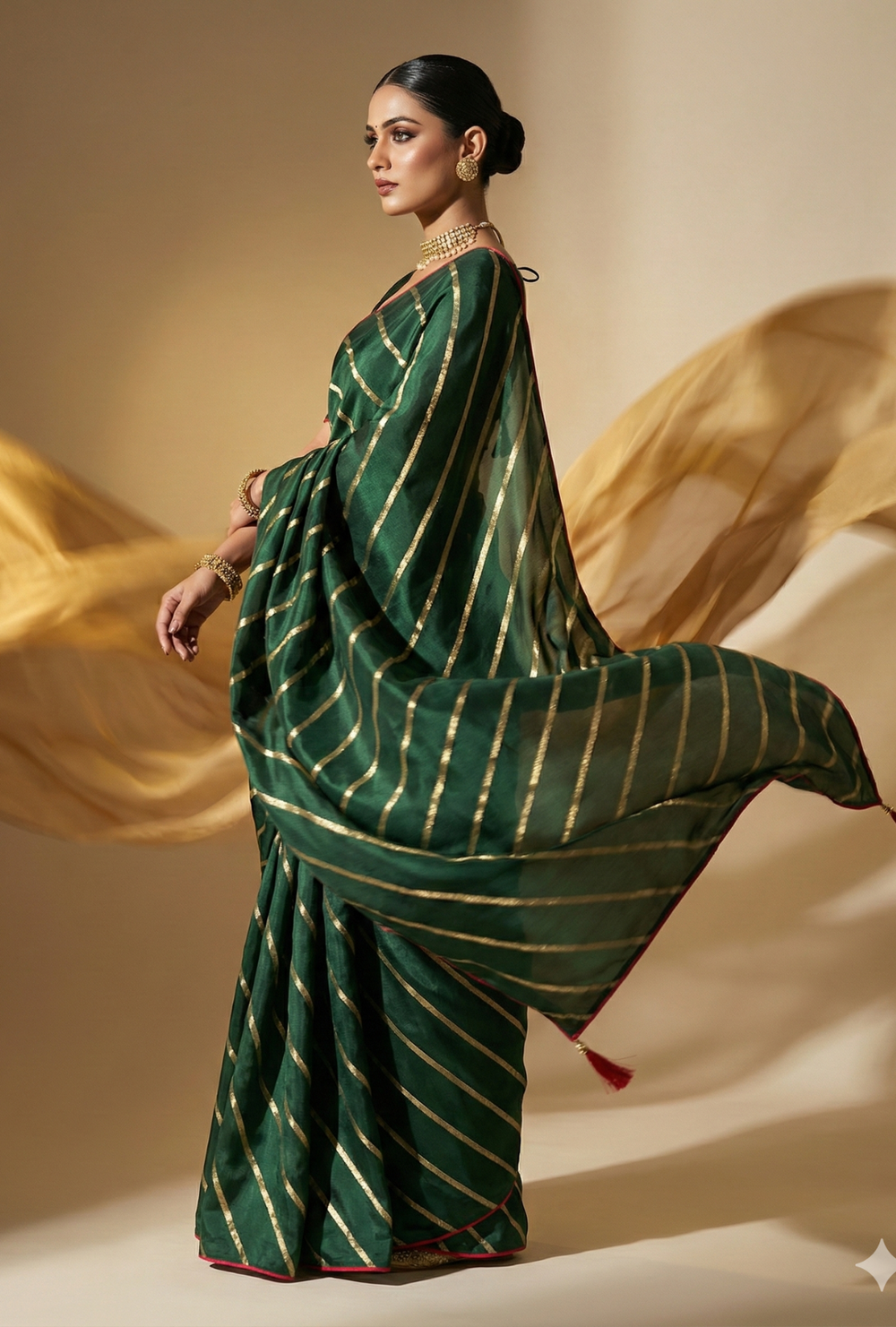 Emerald Green Zari Striped Silk Saree