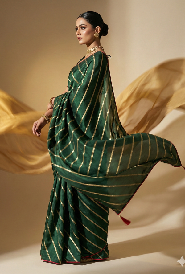 Emerald Green Zari Striped Silk Saree