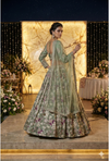 Pastel Sage Green Floral Lehenga Choli with Zari Embroidery & Sheer Net Dupatta