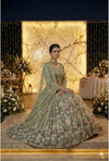 Pastel Sage Green Floral Lehenga Choli with Zari Embroidery & Sheer Net Dupatta
