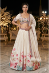 Ivory Floral Printed Lehenga Choli | Georgette Lehenga with Embroidered Blouse & Net Dupatta