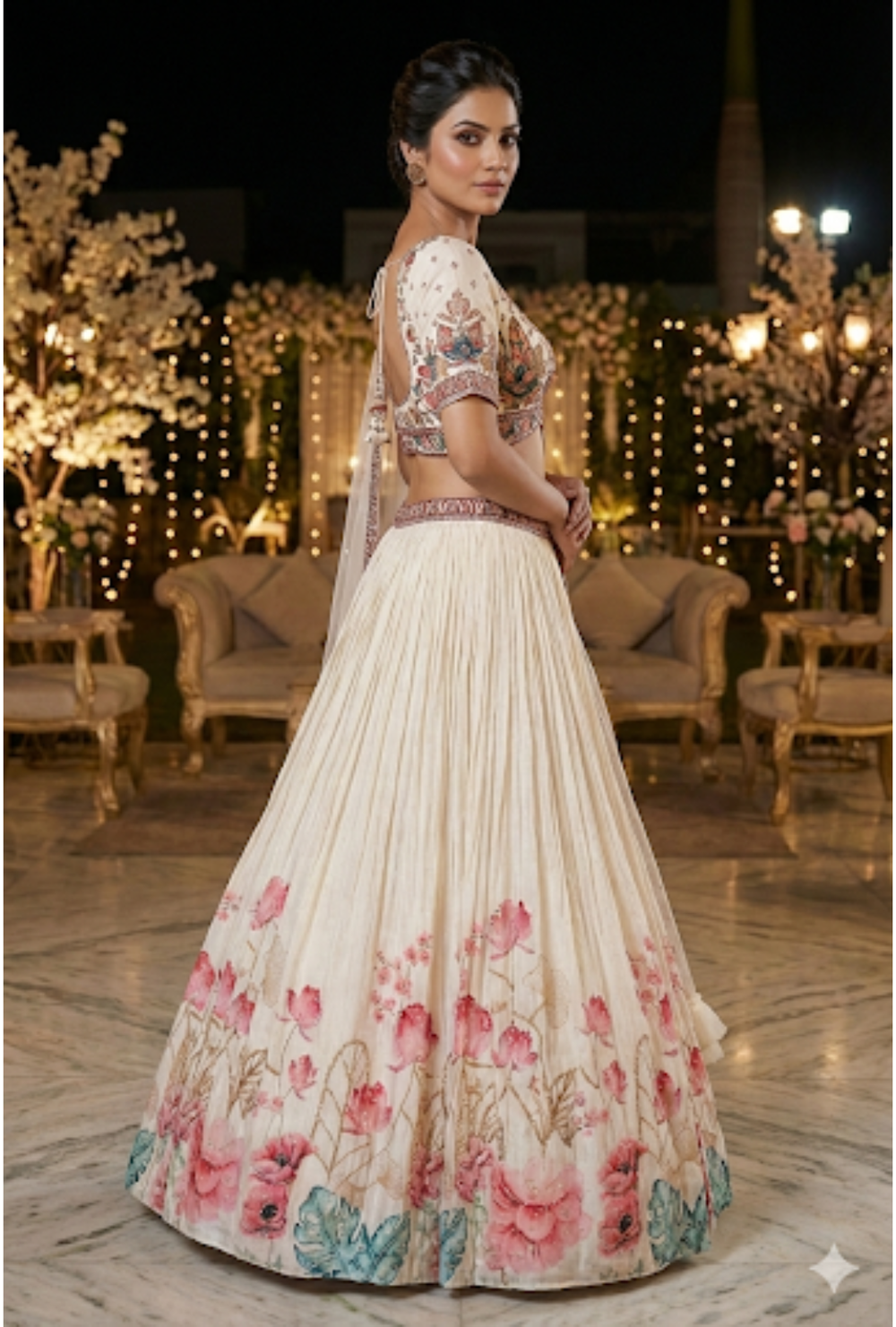 Ivory Floral Printed Lehenga Choli | Georgette Lehenga with Embroidered Blouse & Net Dupatta