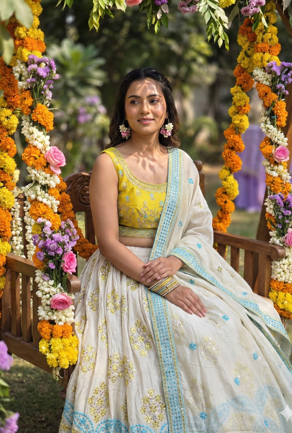 Yellow Ivory Floral Embroidered Lehenga Choli