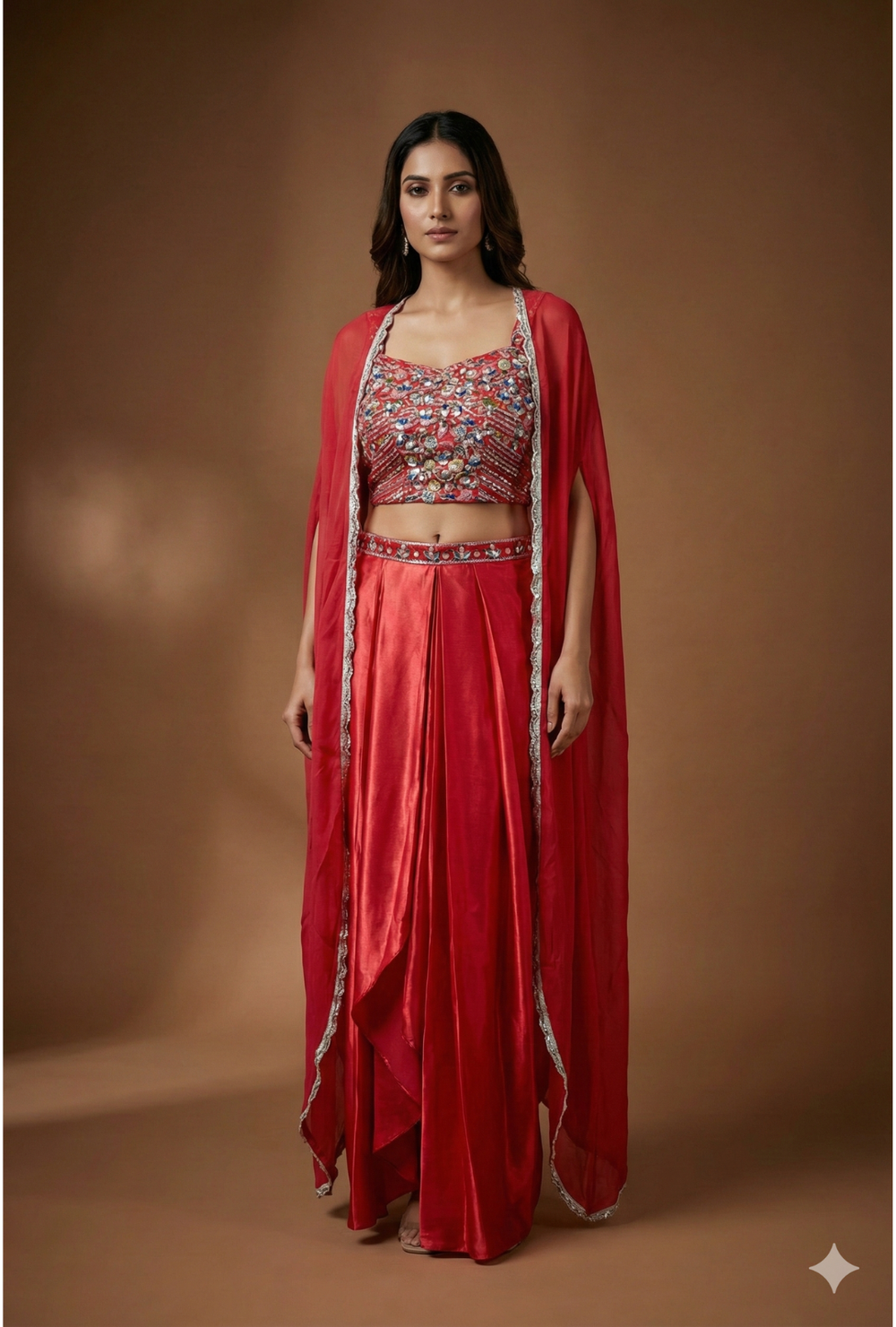 Dhoti Palazzo Indo-Western Lehenga Set with Embroidered Crop Top & Cape DupattaDhoti Palazzo Indo-Western Lehenga Set with Embroidered Crop Top & Cape Dupatta