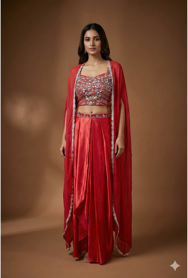 Dhoti Palazzo Indo-Western Lehenga Set with Embroidered Crop Top & Cape DupattaDhoti Palazzo Indo-Western Lehenga Set with Embroidered Crop Top & Cape Dupatta