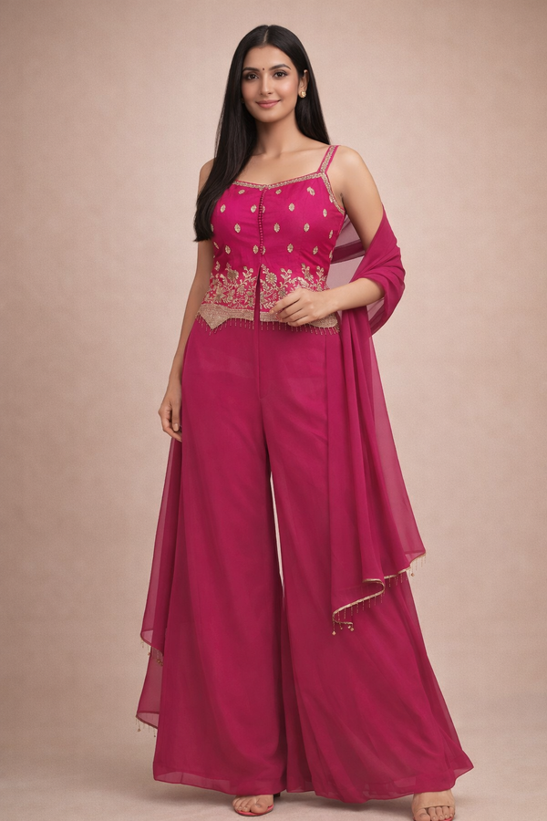 Stylish Choli Palazzo Set with Koti – Available in 2 Colours | Festive Wear