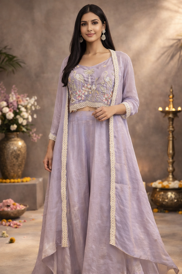 Elegant Handwork Indo-Western Choli Palazzo Set with Shrug – Festive Special