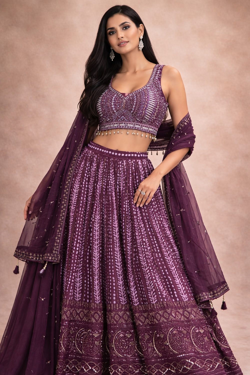 Designer Bandhej Lehenga with Sequence Choli & Crop Top – Festive Special