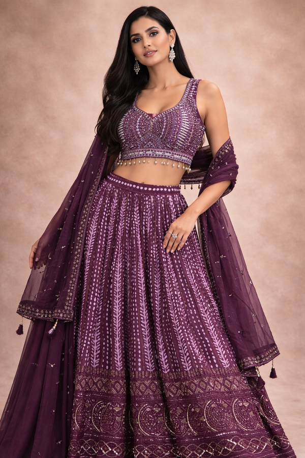 Designer Bandhej Lehenga with Sequence Choli & Crop Top – Festive Special